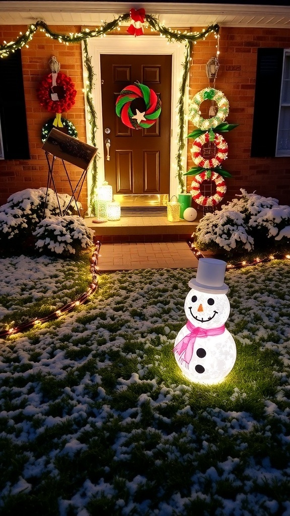 A festive front yard decorated for Christmas with DIY wreaths, lights, and a snowman.